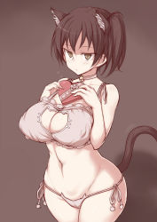 Rule 34 | 10s, 1girl, animal ears, bare shoulders, bell, blush, box, bra, breasts, brown background, brown eyes, brown hair, cat cutout, cat ears, cat lingerie, cat tail, cleavage, cleavage cutout, clothing cutout, cowboy shot, curvy, heart-shaped box, jema, jingle bell, kaga (kancolle), kantai collection, kemonomimi mode, large breasts, looking at viewer, meme attire, navel, panties, partially translated, pout, side-tie panties, simple background, solo, standing, tail, translation request, underwear, valentine, white bra, white panties, wide hips