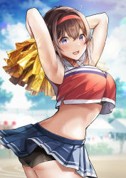 Rule 34 | 1girl, :d, armpits, arms behind head, arms up, ass, bike shorts, black sports bra, blue skirt, blue sky, blurry, blurry background, blush, breasts, brown hair, cheerleader, cloud, commentary request, crossed bangs, day, hair between eyes, hairband, halter shirt, halterneck, highres, large breasts, looking at viewer, open mouth, original, outdoors, pantylines, pleated skirt, pom pom (cheerleading), purple eyes, red shirt, running track, school uniform, shiro kuma shake, shirt, shorts, shorts under skirt, skirt, sky, smile, solo, sports bra, standing, sweat, track and field, tree