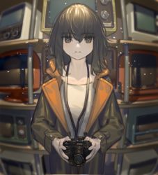 Rule 34 | 1girl, black jacket, brand name imitation, brown eyes, brown hair, camera, canon (company), collarbone, crt, dslr, expressionless, highres, holding, holding camera, jacket, lanzi (415460661), long hair, open clothes, open jacket, original, solo, straight-on, television, upper body