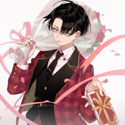 Rule 34 | 1boy, black hair, black necktie, black vest, blue eyes, bouquet, box, closed mouth, coat, collared shirt, eyokiki, flower, gift, gift box, holding, holding bouquet, holding box, levi (shingeki no kyojin), long sleeves, looking at viewer, male focus, necktie, open clothes, open coat, parted bangs, petals, pink ribbon, ribbon, shingeki no kyojin, shirt, short hair, simple background, vest, white background, white shirt