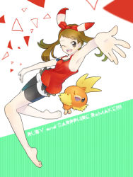 Rule 34 | 1girl, alternate eye color, arm up, armpits, bare shoulders, barefoot, bike shorts, bow, brown eyes, brown hair, child, collarbone, creatures (company), english text, eyelashes, feet, feet up, flat chest, full body, game freak, gen 3 pokemon, gen 6 pokemon, hair bow, hair ornament, hair ribbon, happy, highres, jumping, kikuyoshi (tracco), legs, looking at viewer, may (pokemon oras), medium hair, nintendo, one eye closed, outstretched arm, pokemon, pokemon (creature), pokemon oras, red bow, red ribbon, ribbon, shirt, short ponytail, side bangs, sidelocks, size difference, skin tight, sleeveless, sleeveless shirt, smile, soles, thighs, toe scrunch, toenails, toes, torchic, two-tone background, two-tone bow, two-tone ribbon, wink