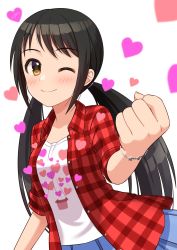 Rule 34 | black hair, blue skirt, blush, checkered clothes, checkered shirt, clenched hand, commentary request, heart, highres, idolmaster, idolmaster cinderella girls, jewelry, long hair, looking at viewer, nakano yuka, one eye closed, print shirt, red shirt, shirt, skirt, sleeves rolled up, smile, solo, t-shirt, twintails, upper body, wgm oekaki, white background, yellow eyes