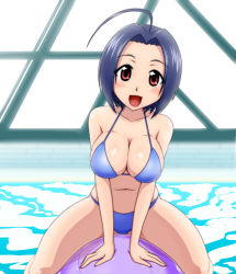 Rule 34 | 10s, 1girl, :d, ahoge, arm support, ball, blue hair, blush, breasts, breasts squeezed together, cleavage, exercise ball, goriate, idolmaster, idolmaster (classic), idolmaster 2, indoor pool, indoors, inflatable raft, large breasts, miura azusa, navel, open mouth, pool, red eyes, rei no pool, riding, shiny skin, short hair, smile, window