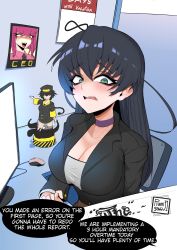 Rule 34 | 1girl, absurdres, artist name, black hair, black jacket, breasts, choker, cleavage, collarbone, cubicle, english text, eyebags, figure, furrowed brow, highres, igawa asagi, jacket, large breasts, long hair, monitor, mouse (computer), oboro (taimanin asagi), office lady, open mouth, photo (object), rumi (rumigawa31), sitting, solo, speech bubble, suit jacket, taimanin (series), taimanin asagi, tired eyes, upper body
