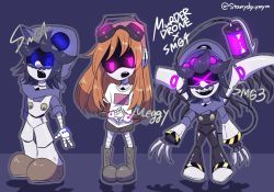 Rule 34 | 1girl, 2boys, claws, crossover, facial hair, glitch productions, goggles, hat, mechanization, meggy spletzer, multiple boys, murder drones, mustache, orange hair, robot, smg3, smg4, smg4 (character), standing, tail, wings