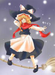 Rule 34 | 1girl, aprilrain, blonde hair, bow, braid, broom, broom riding, broom surfing, female focus, hat, kinsenka, kirisame marisa, long hair, perfect cherry blossom, scarf, smile, snow, snowing, solo, touhou, witch hat, yellow eyes
