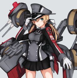 Rule 34 | 1girl, anchor hair ornament, aqua eyes, black skirt, blonde hair, breasts, cannon, cross, gloves, hair ornament, hat, highres, iron cross, kantai collection, long hair, low twintails, medium breasts, microskirt, military, military uniform, peaked cap, pleated skirt, prinz eugen (kancolle), rigging, skirt, solo, turret, twintails, uniform, white gloves, yuubokumin