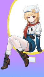 Rule 34 | 1girl, :3, absurdres, beret, black gloves, blonde hair, boots, brown footwear, fingerless gloves, girls&#039; frontline, girls&#039; frontline 2: exilium, gloves, hat, hat feather, high heel boots, high heels, highres, long sleeves, looking at viewer, medium hair, nagant revolver (girls&#039; frontline), red eyes, shenqi xiaohuang, sitting, smile, solo, thighhighs, white thighhighs