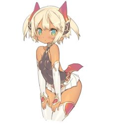 Rule 34 | 1girl, bare shoulders, blade (galaxist), blonde hair, blush, cropped legs, detached sleeves, green eyes, hair ornament, hands on own knees, hands on own thighs, hands on thighs, leaning forward, looking at viewer, pointy ears, short hair, simple background, solo, tan, thighhighs, white background, white thighhighs