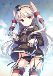 Rule 34 | 10s, 1girl, aircraft, airplane, amatsukaze (kancolle), bad id, bad pixiv id, black panties, blush, brown eyes, choker, dress, garter straps, h2so4, kantai collection, long hair, looking at viewer, panties, personification, red thighhighs, sailor dress, school uniform, serafuku, short dress, side-tie panties, silver hair, solo, thighhighs, twintails, two side up, underwear, zettai ryouiki