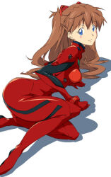 Rule 34 | 1girl, artist request, ass, blush stickers, bodysuit, breasts, brown hair, curvy, full body, hair between eyes, hair ornament, long hair, lying, medium breasts, neon genesis evangelion, pilot suit, plugsuit, red bodysuit, simple background, skin tight, smile, solo, souryuu asuka langley, two side up, wide hips