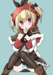 Rule 34 | 1girl, absurdres, azur lane, black bow, black capelet, black ribbon, black skirt, black thighhighs, blonde hair, blue background, blush, boots, bow, brown footwear, capelet, commentary request, food, food in mouth, fur-trimmed capelet, fur trim, hair between eyes, hair bow, hamada pengin, head tilt, highres, hood, hood up, long hair, long sleeves, looking at viewer, mouth hold, norfolk (azur lane), panties, popsicle, purple eyes, ribbon, sidelocks, simple background, sitting, skirt, solo, striped clothes, striped panties, thighhighs, twintails, underwear