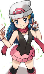 Rule 34 | 1girl, beanie, black shirt, blue eyes, boots, bracelet, closed mouth, collarbone, commentary request, creatures (company), dawn (pokemon), eyelashes, game freak, hair ornament, hairclip, hands up, hat, highres, holding, holding poke ball, jewelry, long hair, looking at viewer, mitsuju you, nintendo, pink footwear, pink skirt, poke ball, poke ball (basic), poke ball print, pokemon, pokemon dppt, poketch, red scarf, scarf, shirt, skirt, sleeveless, sleeveless shirt, smile, solo, split mouth, watch, white hat, wristwatch