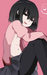 Rule 34 | 1girl, black eyes, black hair, black pantyhose, bob cut, breasts, commentary, empty eyes, from side, hair strand, hammer (sunset beach), hands on own knees, heart, hip bones, knees up, looking at viewer, midriff, monogatari (series), navel, no bra, open clothes, open mouth, open shirt, oshino ougi, pantyhose, pink background, pink shirt, puffy sleeves, school uniform, shirt, short hair, sitting, skirt, sleeves past wrists, small breasts, smile, solo, spoken heart, underboob