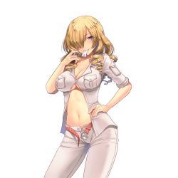 Rule 34 | 108 gou, 1girl, belt, blonde hair, blouse, blue eyes, blush, breast pocket, breasts, cleavage, collarbone, cowboy shot, drill hair, drill sidelocks, eyelashes, hair over one eye, hand on own hip, large breasts, legs apart, long hair, looking at viewer, midriff, mouth hold, navel, no bra, open belt, open clothes, open fly, open shirt, oriana thomason, paper, pocket, shirt, sidelocks, simple background, sleeves rolled up, smile, solo, standing, stomach, toaru majutsu no index, transparent background, uchi no hime-sama ga ichiban kawaii, unbuckled, unbuttoned, underboob
