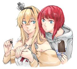 Rule 34 | 2girls, alternate costume, ark royal (kancolle), bare shoulders, blonde hair, blue eyes, bob cut, breasts, chain, closed mouth, clothes writing, collarbone, commentary, cropped torso, crown, dessert, dress, fingernails, food, grey sweater, hair between eyes, hair over shoulder, hairband, holding hands, hood, hooded sweater, jewelry, kantai collection, long hair, long sleeves, mini crown, multiple girls, nail polish, necklace, no headwear, off-shoulder dress, off shoulder, popsicle, red hair, red ribbon, ribbon, shaded face, short hair, signature, simple background, smile, sweater, warspite (kancolle), white background, white dress, yamada rei (rou)