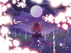 Rule 34 | 1girl, absurdres, blonde hair, capelet, female focus, field, flower, flower field, from behind, full moon, glowing, hair ribbon, highres, lily of the valley, medicine melancholy, mito (calcomer), moon, ribbon, short hair, solo, standing, star (sky), touhou, wallpaper