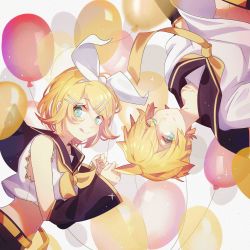 Rule 34 | 1boy, 1girl, :p, absurdres, balloon, belt, blonde hair, blue eyes, brother and sister, chi ya, detached sleeves, eyes visible through hair, grey background, hair ribbon, happy, highres, kagamine len, kagamine rin, looking at viewer, midriff peek, navel, necktie, ribbon, sailor collar, shirt, short hair, siblings, simple background, smile, sparkle, tongue, tongue out, twins, upside-down, vocaloid, white ribbon, white shirt, yellow neckwear, yellow ribbon