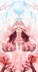 Rule 34 | 2girls, absurdres, alternate hair color, blue hair, boots, cape, cherry blossoms, detached sleeves, flower, hair flower, hair ornament, hatsune miku, highres, long hair, multiple girls, name connection, necktie, object namesake, open mouth, outstretched arms, petals, pink footwear, pink hair, sakura miku, skirt, smile, snowflakes, spread arms, teito (0w0kuma), thighhighs, twintails, very long hair, vocaloid, yuki miku, zettai ryouiki
