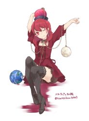 Rule 34 | 1girl, alternate costume, black footwear, black thighhighs, chain, closed mouth, contemporary, cross, cross earrings, dress, earrings, earth (ornament), full body, head tilt, hecatia lapislazuli, high heels, highres, jewelry, looking at viewer, moon (ornament), one eye closed, outstretched arms, red dress, red eyes, red hair, shoes, simple background, sitting, smile, solo, striped clothes, striped thighhighs, thighhighs, touhou, toutenkou, vertical-striped clothes, vertical-striped thighhighs, white background