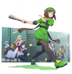 6+girls ahoge akikawa_yayoi_(umamusume) anshinzawa_sasami baseball_bat baseball_cap black_hair black_pants black_pantyhose black_vest blonde_hair blue_eyes blunt_bangs bowler_hat brown_hair buttons coat covering_own_mouth double-breasted dress flower folding_fan formal_clothes green_eyes green_footwear green_jacket green_skirt hair_between_eyes hand_fan hand_fan_writing hat hat_flower hayakawa_tazuna highres holding holding_baseball_bat holding_fan hood hooded_jacket jacket kashimoto_riko kiryuuin_aoi long_hair long_sleeves multiple_girls nishiki_kazue open_clothes open_jacket orange_hair pants pantyhose pink_shirt purple_eyes purple_hair satake_mei shirt short_hair skirt skirt_suit solo_focus split_ponytail suit sun_hat sunglasses tsurugi_ryoka umamusume vest white-framed_eyewear white_coat white_dress white_hair white_hat white_shirt yellow_jacket