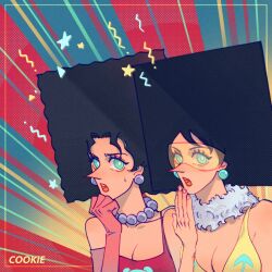 2girls afro artist_name bare_arms bead_necklace beads bikini black_hair brancrokie breasts earrings elbow_gloves gloves green_eyes grey_scarf hand_to_own_mouth highres jewelry kiwi_(one_piece) large_breasts long_nose mos_(one_piece) multicolored_background multiple_girls necklace one_piece open_mouth pointy_nose red_gloves red_tank_top scarf siblings sisters small_sweatdrop swimsuit tank_top upper_body yellow_bikini