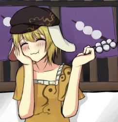 Rule 34 | 1girl, :t, ^ ^, absurdres, animal ears, blonde hair, blush, rabbit ears, closed eyes, collarbone, dango, eating, closed eyes, flat cap, floppy ears, food, foodgasm, hand on own cheek, hand on own face, hat, highres, holding, holding food, orange shirt, ozu (agito100001), ringo (touhou), shirt, short hair, short sleeves, solo, touhou, upper body, wagashi