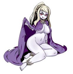 Rule 34 | 1girl, :q, anklet, bare legs, barefoot, blonde hair, bottomless, bracelet, braid, breasts, cape, colored skin, cosplay, french braid, full body, jewelry, large breasts, lich (monster girl encyclopedia), lich (monster girl encyclopedia) (cosplay), long hair, looking at viewer, monster girl encyclopedia, nail polish, naked cape, nav (itsnav), navel, necklace, purple cape, purple nails, red eyes, simple background, sitting, smile, solo, toenail polish, toenails, tongue, tongue out, white background, white skin, wight (monster girl encyclopedia), yokozuwari