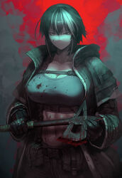 Rule 34 | 1girl, abs, axe, belt, belt pouch, black eyes, black gloves, black hair, blood, blood on clothes, blood on face, bloody weapon, breasts, cleavage, closed mouth, cowboy shot, frown, gloves, grey jacket, hetza (hellshock), holding, holding axe, holding weapon, jacket, large breasts, long sleeves, medium hair, open clothes, open jacket, original, pants, pouch, solo, weapon