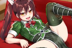 Rule 34 | 1girl, absurdres, asymmetrical legwear, black thighhighs, bow, bowtie, brown hair, commentary request, couch, elbow gloves, gloves, green shirt, highres, kantai collection, looking at viewer, lying, open mouth, orange eyes, pelvic curtain, red bow, red bowtie, ribbon, shirt, single elbow glove, single glove, single thighhigh, smile, solo, spread legs, thighhighs, tone (kancolle), tone kai ni (kancolle), twintails, white ribbon, yellow quokka