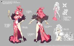 Rule 34 | 1girl, ass, breasts, butt crack, champagne flute, character sheet, concept art, cup, disgaea, disgaea rpg, dress, drink, drinking glass, fang, full body, high heels, holding, holding drink, large breasts, long hair, nail polish, no bra, no panties, official art, open mouth, pink dress, pink hair, pointy ears, purple eyes, see-through, seraphina (disgaea), simple background, sleeveless, sleeveless dress, solo, translation request, white background