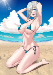 Rule 34 | 1girl, arms behind head, bikini, blue bikini, blue eyes, blue sky, breasts, burusuta, cloud, commentary request, day, eyes visible through hair, hair ornament, hair over one eye, hairclip, hamakaze (kancolle), highres, kantai collection, kneeling, large breasts, looking at viewer, outdoors, short hair, side-tie bikini bottom, silver hair, sky, smile, solo, swimsuit