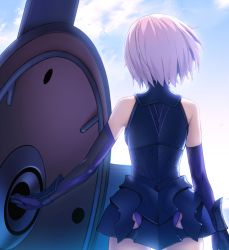 Rule 34 | 1girl, armor, armored dress, bare shoulders, cowboy shot, elbow gloves, fate/grand order, fate (series), from behind, gloves, mash kyrielight, purple hair, shield, short hair, sky, solo, standing, yangsion
