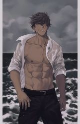 Rule 34 | 1boy, abs, bara, bare pectorals, belt, black belt, black hair, black pants, cloud, cloudy sky, facial scar, highres, large pectorals, muscular, muscular male, navel, nipples, open clothes, open shirt, original, outdoors, pants, pectorals, scar, scar on cheek, scar on face, shirt, short hair, sideburns, sky, sleeves rolled up, solo, tai (tai xwxy), white shirt, yellow eyes