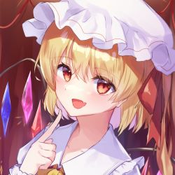 Rule 34 | 1girl, :d, ameria (artist), blonde hair, blush, collarbone, commentary, crystal, fang, flandre scarlet, frilled shirt collar, frills, hair between eyes, hair ribbon, hand up, hat, highres, index finger raised, looking at viewer, mob cap, open mouth, portrait, red eyes, red ribbon, ribbon, side ponytail, skin fang, slit pupils, smile, solo, touhou, white hat, wings