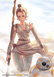 Rule 34 | 1girl, animification, arm wrap, artist name, bb-8, blush, breasts, brown eyes, brown hair, eyebrows, forehead, jakku (star wars), making-of available, rey (star wars), robot, science fiction, small breasts, solo, staff, star wars, star wars: the force awakens, topknot, walking, wind, yagi hikaru