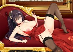 Rule 34 | 1girl, anus, azur lane, bare shoulders, black hair, black thighhighs, blush, breasts, breasts out, censored, choker, cup, dress, drinking glass, garter belt, garter straps, hair ornament, large breasts, long hair, mosaic censoring, nipples, open mouth, ppshex, pussy, red dress, red eyes, solo, spilling, spread legs, taihou (azur lane), taihou (forbidden feast) (azur lane), thighhighs, thighs, very long hair, wine glass