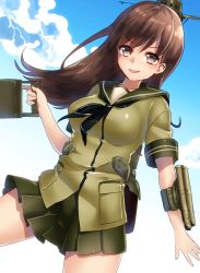 Rule 34 | &gt;:d, 10s, 1girl, :d, brown eyes, brown hair, green shirt, green skirt, holding, kantai collection, keita (tundereyuina), long hair, looking at viewer, ooi (kancolle), open mouth, pleated skirt, shirt, skirt, smile, solo, v-shaped eyebrows