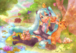 Rule 34 | animal, aqua eyes, aqua hair, bear, bird, blush, bug, butterfly, cloud, deer, detached sleeves, grass, hatsune miku, headset, insect, kiss, kissed by animal, long hair, lying, mouse (animal), nanami tomorou, nature, necktie, panties, rabbit, rainbow, skirt, sky, solo, squirrel, thighhighs, tree, twintails, underwear, very long hair, vocaloid, water