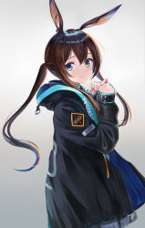 Rule 34 | 1girl, absurdres, amiya (arknights), animal ears, arknights, black coat, blue eyes, brown hair, closed mouth, clothes writing, coat, commentary, cowboy shot, earpiece, gradient background, grey background, hair between eyes, highres, hood, hooded coat, infection monitor (arknights), jewelry, long hair, looking at viewer, multiple rings, nagiha kuten, own hands together, rabbit ears, ring, simple background, smile, solo, twintails