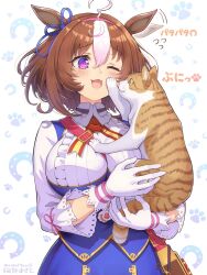 Rule 34 | 1girl, 1other, :3, ahoge, animal, animal ears, blue dress, blush, bow, breasts, brown hair, cat, cat on person, dress, ear ribbon, gloves, hair between eyes, hairband, hand on another&#039;s cheek, hand on another&#039;s face, highres, holding, holding animal, holding cat, horse ears, horse girl, horseshoe print, large breasts, long sleeves, meisho doto (umamusume), meto (cat), multicolored hair, one eye closed, open mouth, pink hairband, purple eyes, shirt, short hair, suga masashi, tail, translation request, two-tone hair, umamusume, whiskers, white gloves, white hair
