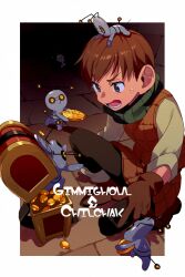 Rule 34 | 1boy, armor, black eyes, black pants, boots, brown footwear, brown gloves, brown hair, character name, chilchuck tims, coin, creatures (company), crossover, dungeon meshi, echo (circa), game freak, gimmighoul, gloves, holding, leather armor, male focus, neck warmer, nintendo, on head, on one knee, open mouth, pants, pokemon, pokemon (creature), sweat, twitter username