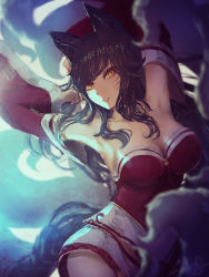 Rule 34 | 1girl, ahri (league of legends), animal ears, armpits, arms behind back, arms up, bad id, bad pixiv id, black hair, breasts, cleavage, collarbone, dated, detached sleeves, dress, facial mark, fox ears, fox girl, fox tail, glowing, head tilt, large breasts, league of legends, long hair, long sleeves, looking at viewer, minyom, multiple tails, nail polish, parted lips, red dress, red nails, signature, smile, solo, spider web print, strapless, strapless dress, tail, whisker markings, yellow eyes