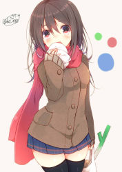 Rule 34 | 1girl, bad id, bad pixiv id, bag, baozi, black hair, black thighhighs, blush, buttons, chita (ketchup), coat, eating, food, holding, holding food, long hair, looking at viewer, open mouth, original, plastic bag, pleated skirt, red eyes, red scarf, scarf, simple background, skirt, solo, spring onion, thighhighs, twitter username, zettai ryouiki