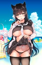 Rule 34 | 1girl, animal ear fluff, animal ears, areola slip, atago (azur lane), atago (school traumerei) (azur lane), atago (school traumerei) (azur lane), azur lane, black hair, black panties, black pantyhose, black sailor collar, black serafuku, black skirt, breasts, cameltoe, cleft of venus, clothes lift, clothes pull, collarbone, commentary request, day, extra ears, finger to mouth, hair ribbon, highres, kotengu, large breasts, lifted by self, long hair, looking at viewer, mole, mole under eye, nail polish, nav (itsnav), neckerchief, no bra, outdoors, panties, pantyhose, pantyhose pull, pink nails, pleated skirt, ribbon, sailor collar, school uniform, serafuku, shiny skin, shirt lift, skirt, skirt lift, sky, solo, standing, stomach, sweat, swept bangs, thigh gap, underboob, underwear, very long hair, white neckerchief, white ribbon
