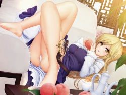Rule 34 | 1girl, ass, bare legs, barefoot, blonde hair, coffee cup, coffee pot, couch, cup, disposable cup, dress, food, fruit, hat, unworn hat, hat ribbon, unworn headwear, juliet sleeves, long hair, long sleeves, looking at viewer, lying, miyakouji, on back, on couch, open mouth, panties, pantyshot, peach, puffy sleeves, purple dress, ribbon, solo, table, touhou, underwear, very long hair, watatsuki no toyohime, white panties, yellow eyes