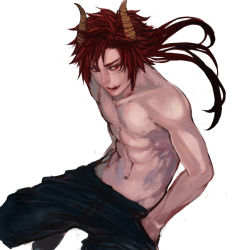 Rule 34 | 1boy, abs, collarbone, hands in pockets, horns, licking lips, lips, long hair, male focus, navel, original, pants, red eyes, red hair, renos, sharp teeth, topless male, simple background, solo, spiked hair, teeth, tongue, white background