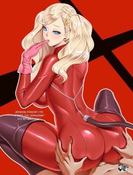 Rule 34 | 1boy, 1girl, artist logo, ass, ass grab, blonde hair, blue eyes, bodysuit, boots, breasts, censored, cleavage, deviantart username, facebook username, fake tail, girl on top, gloves, heart, heart-shaped pupils, jadenkaiba, large breasts, long hair, persona, persona 5, pink gloves, pixiv username, red bodysuit, sex, skin tight, symbol-shaped pupils, tail, takamaki anne, thigh boots, thighhighs, twintails, watermark, web address