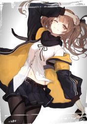 Rule 34 | 1girl, bad id, bad twitter id, belt, black pantyhose, blouse, brown eyes, brown hair, buttons, girls&#039; frontline, hair ribbon, highres, jacket, looking at viewer, lumo 1121, lying, name connection, navel, object namesake, on back, one eye closed, pantyhose, pleated skirt, ribbon, scarf, shirt, side ponytail, skirt, solo, ump9 (girls&#039; frontline), white shirt