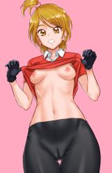 Rule 34 | 1girl, bike shorts, black gloves, breasts, brown eyes, brown hair, cameltoe, cleft of venus, clothes lift, futari wa precure, gloves, highres, kuppipi ramutarou, looking at viewer, misumi nagisa, navel, nipples, no bra, paid reward available, pink background, precure, red shirt, shirt, shirt lift, short hair, simple background, small breasts, solo, teeth, topknot